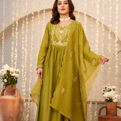 Women's Chanderi Silk Embroidered Kurta with Pant & Dupatta Set