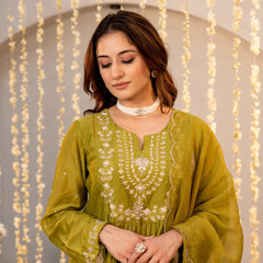 Women's Chanderi Silk Embroidered Kurta with Pant & Dupatta Set