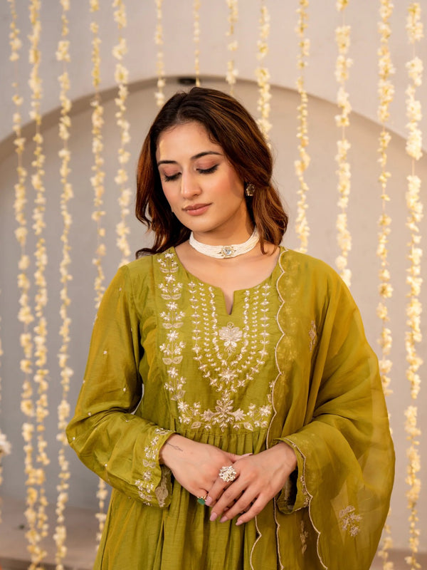 Women's Chanderi Silk Embroidered Kurta with Pant & Dupatta Set