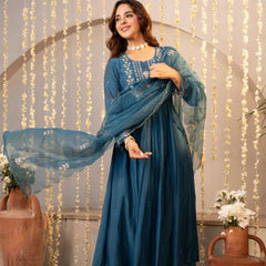 Women's Chanderi Silk Embroidered Kurta with Pant & Dupatta Set