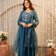Women's Chanderi Silk Embroidered Kurta with Pant & Dupatta Set