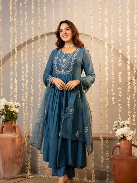 Women's Chanderi Silk Embroidered Kurta with Pant & Dupatta Set