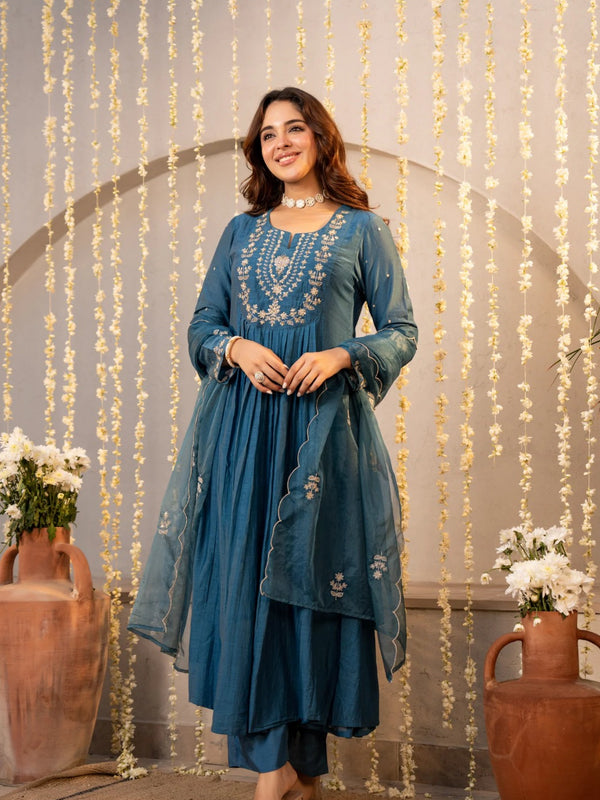 Women's Chanderi Silk Embroidered Kurta with Pant & Dupatta Set