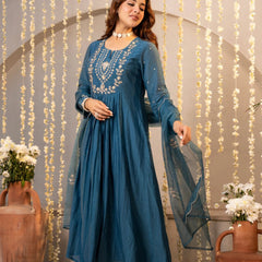 Women's Chanderi Silk Embroidered Kurta with Pant & Dupatta Set