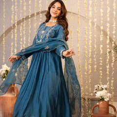 Women's Chanderi Silk Embroidered Kurta with Pant & Dupatta Set