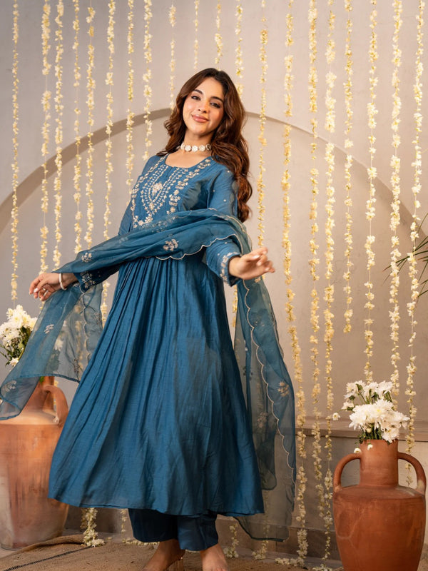 Women's Chanderi Silk Embroidered Kurta with Pant & Dupatta Set