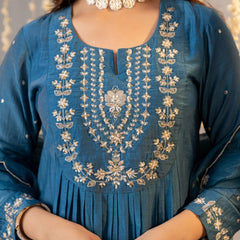 Women's Chanderi Silk Embroidered Kurta with Pant & Dupatta Set