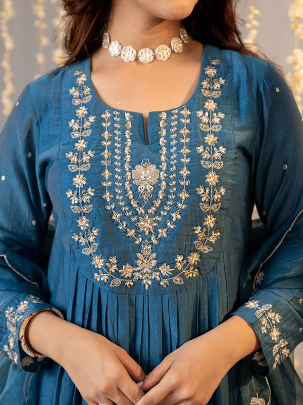 Women's Chanderi Silk Embroidered Kurta with Pant & Dupatta Set