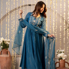 Women's Chanderi Silk Embroidered Kurta with Pant & Dupatta Set