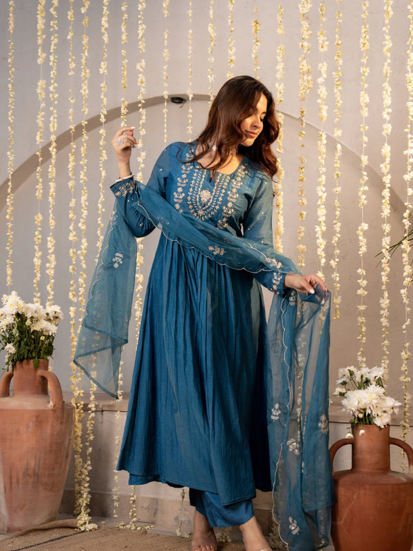 Women's Chanderi Silk Embroidered Kurta with Pant & Dupatta Set