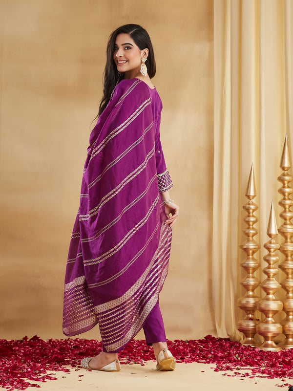 Women's Embroidered Viscose Rayon Kurta With Pant & Chanderi Jacquard Dupatta Set