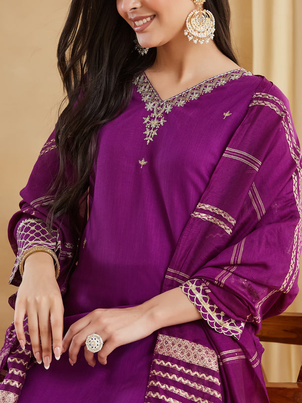 Women's Embroidered Viscose Rayon Kurta With Pant & Chanderi Jacquard Dupatta Set