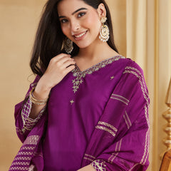 Women's Embroidered Viscose Rayon Kurta With Pant & Chanderi Jacquard Dupatta Set