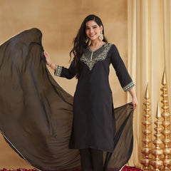 Women's Embroidered Rayon Slub Kurta With Pant & Chinon Dupatta Set