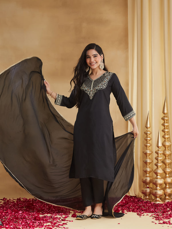 Women's Embroidered Rayon Slub Kurta With Pant & Chinon Dupatta Set