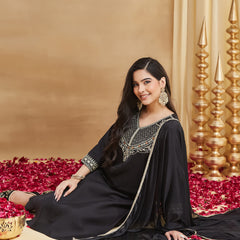 Women's Embroidered Rayon Slub Kurta With Pant & Chinon Dupatta Set