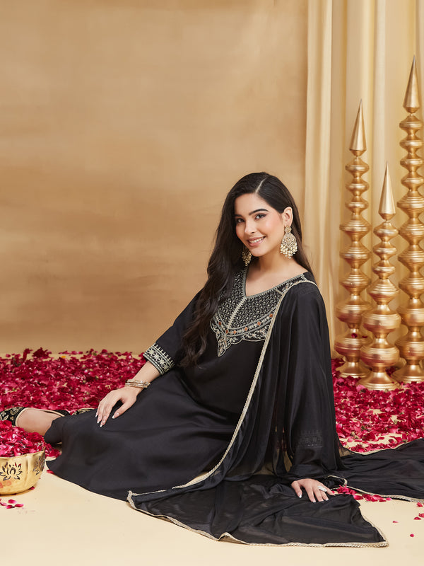 Women's Embroidered Rayon Slub Kurta With Pant & Chinon Dupatta Set
