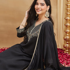 Women's Embroidered Rayon Slub Kurta With Pant & Chinon Dupatta Set