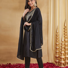 Women's Embroidered Rayon Slub Kurta With Pant & Chinon Dupatta Set