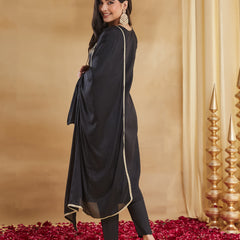 Women's Embroidered Rayon Slub Kurta With Pant & Chinon Dupatta Set