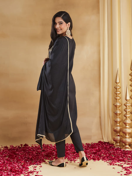 Women's Embroidered Rayon Slub Kurta With Pant & Chinon Dupatta Set