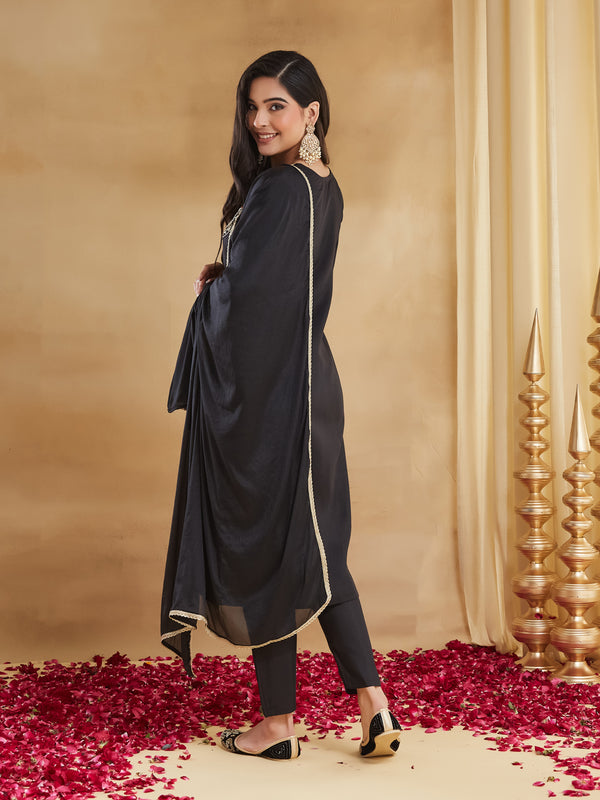 Women's Embroidered Rayon Slub Kurta With Pant & Chinon Dupatta Set