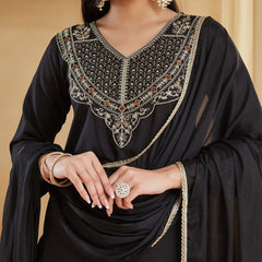 Women's Embroidered Rayon Slub Kurta With Pant & Chinon Dupatta Set