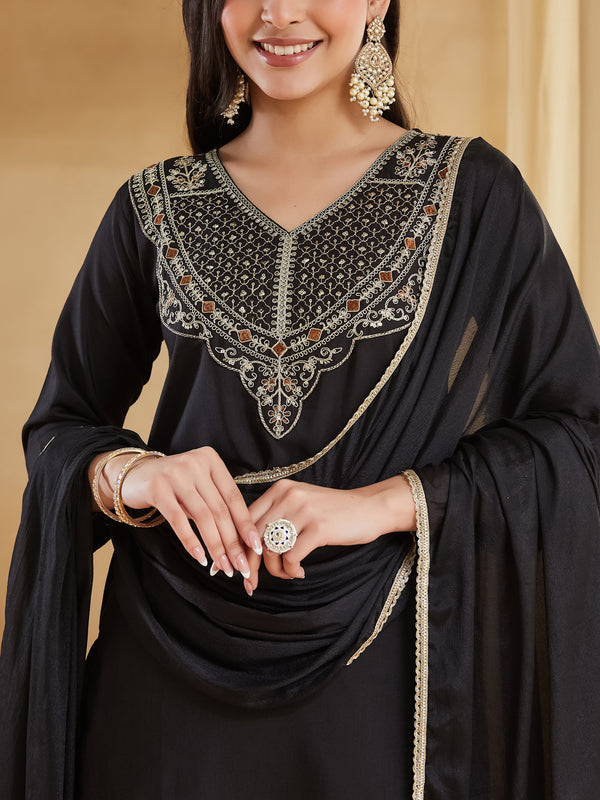 Women's Embroidered Rayon Slub Kurta With Pant & Chinon Dupatta Set