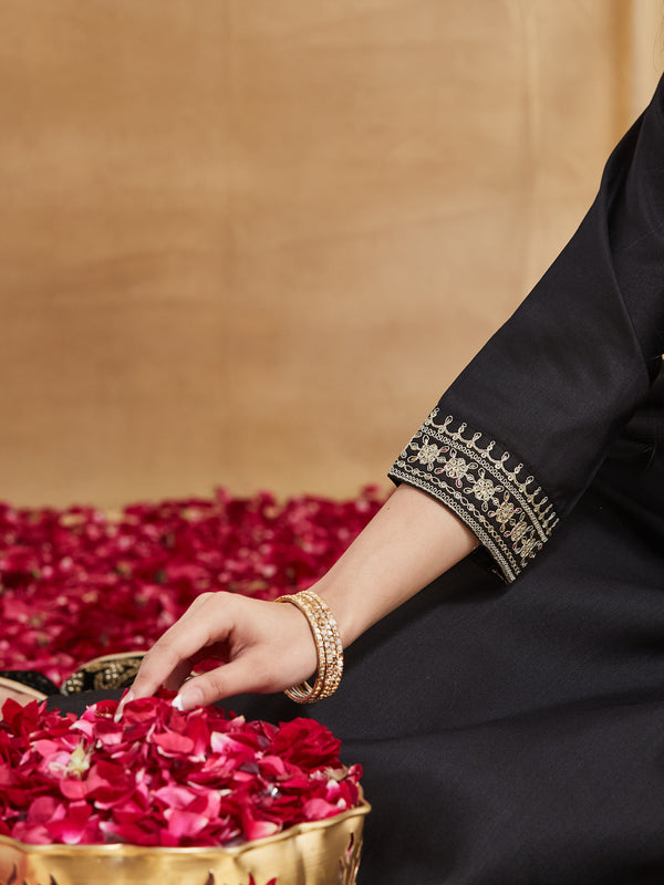 Women's Embroidered Rayon Slub Kurta With Pant & Chinon Dupatta Set