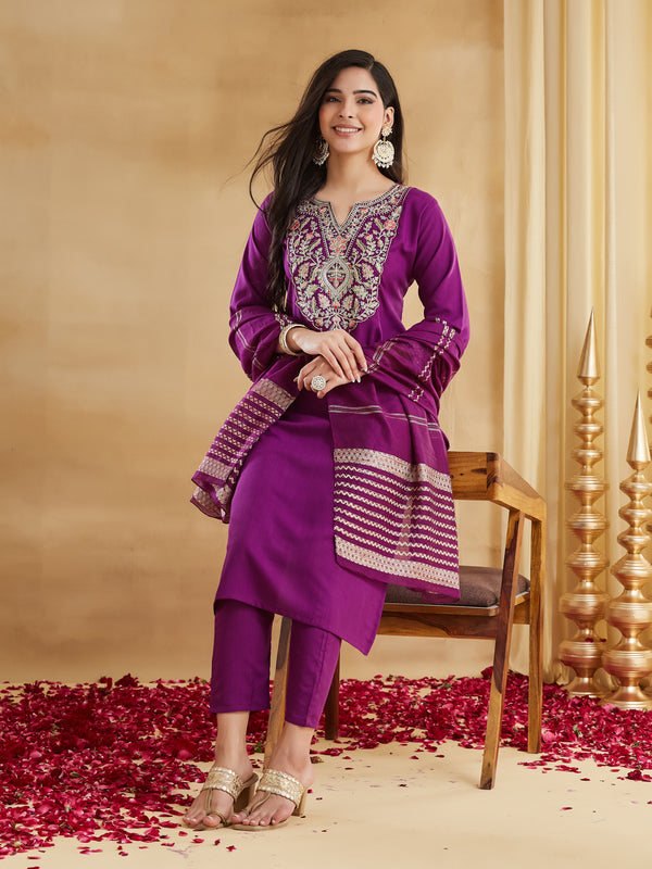 Women's Embroidered Viscose Rayon Kurta With Pant & Chanderi Jacquard Dupatta Set