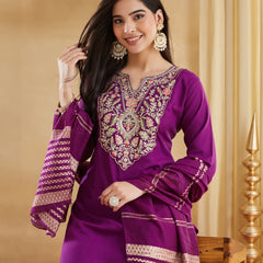 Women's Embroidered Viscose Rayon Kurta With Pant & Chanderi Jacquard Dupatta Set