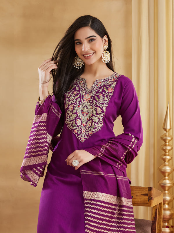 Women's Embroidered Viscose Rayon Kurta With Pant & Chanderi Jacquard Dupatta Set