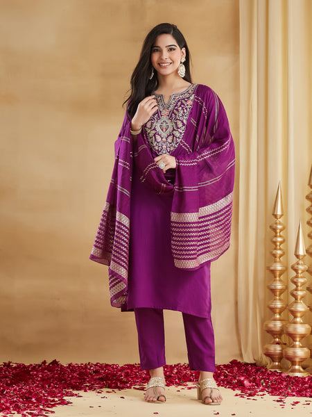 Women's Embroidered Viscose Rayon Kurta With Pant & Chanderi Jacquard Dupatta Set