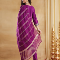 Women's Embroidered Viscose Rayon Kurta With Pant & Chanderi Jacquard Dupatta Set