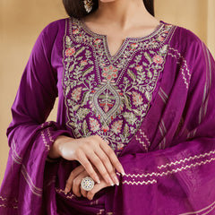Women's Embroidered Viscose Rayon Kurta With Pant & Chanderi Jacquard Dupatta Set