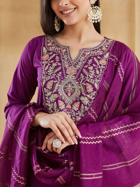 Women's Embroidered Viscose Rayon Kurta With Pant & Chanderi Jacquard Dupatta Set