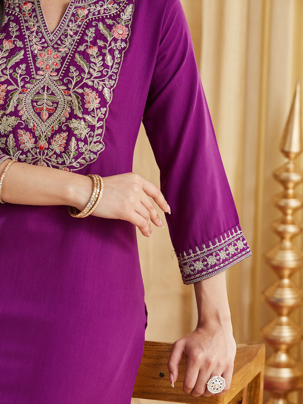 Women's Embroidered Viscose Rayon Kurta With Pant & Chanderi Jacquard Dupatta Set