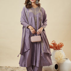 Women's Embroidered Vichitra Silk Kurta With Pant & Fandy Silk Dupatta Set