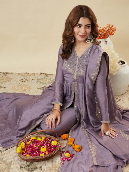 Women's Embroidered Vichitra Silk Kurta With Pant & Fandy Silk Dupatta Set
