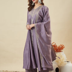 Women's Embroidered Vichitra Silk Kurta With Pant & Fandy Silk Dupatta Set