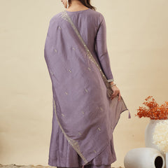 Women's Embroidered Vichitra Silk Kurta With Pant & Fandy Silk Dupatta Set
