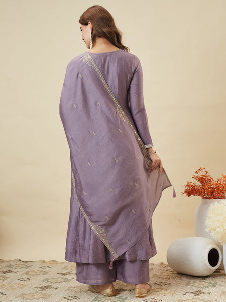 Women's Embroidered Vichitra Silk Kurta With Pant & Fandy Silk Dupatta Set