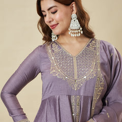 Women's Embroidered Vichitra Silk Kurta With Pant & Fandy Silk Dupatta Set