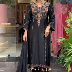 Women's P.V. Chanderi Embroidered Kurta Pant & Dupatta Set