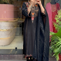 Women's P.V. Chanderi Embroidered Kurta Pant & Dupatta Set