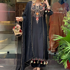 Women's P.V. Chanderi Embroidered Kurta Pant & Dupatta Set