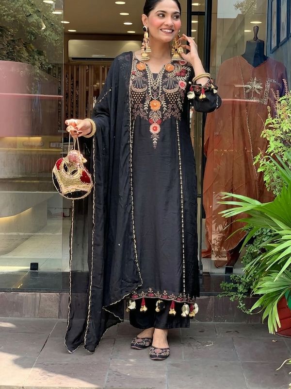 Women's P.V. Chanderi Embroidered Kurta Pant & Dupatta Set