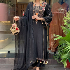 Women's P.V. Chanderi Embroidered Kurta Pant & Dupatta Set