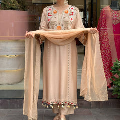 Women's P.V. Chanderi Embroidered Kurta Pant & Dupatta Set