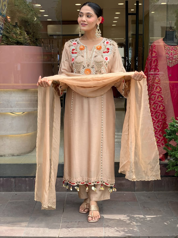 Women's P.V. Chanderi Embroidered Kurta Pant & Dupatta Set